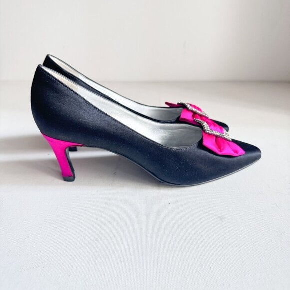 Casadei Luxe Vintage Satin Rhinestone Bow Black Pink Kitten Heels - Picture 4 of 12